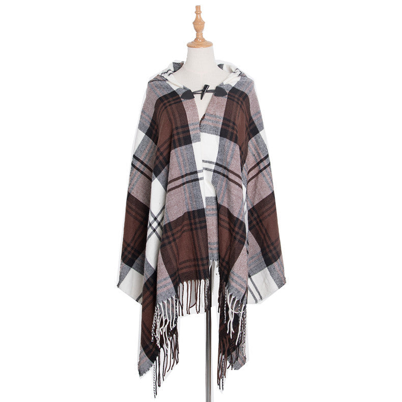 Plaid Horn Buckle Hooded Cloak Bohemian Shawl