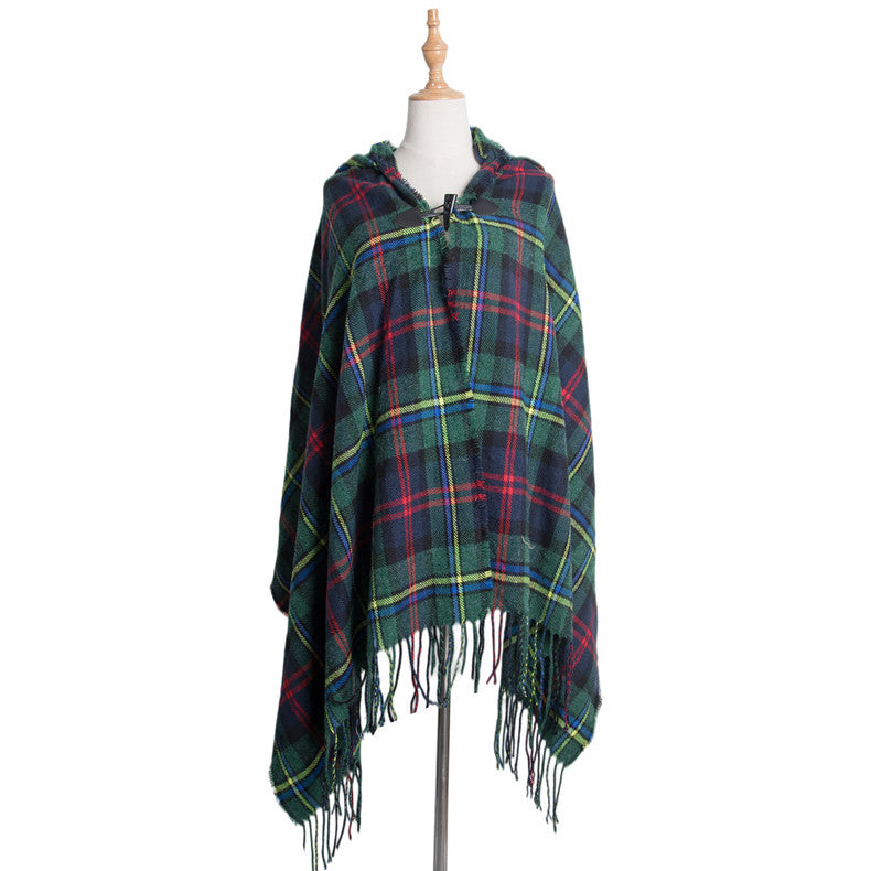 Plaid Horn Buckle Hooded Cloak Bohemian Shawl