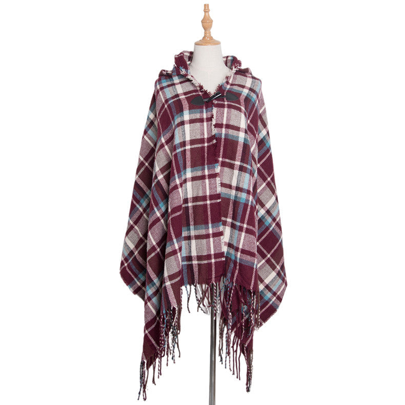 Plaid Horn Buckle Hooded Cloak Bohemian Shawl