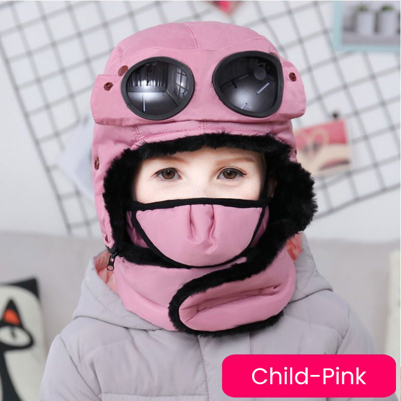 Winter Outdoor Warm Cotton And Velvet Parent-Child Hat+Mask+Goggles+Neck Sleeve 4 in 1