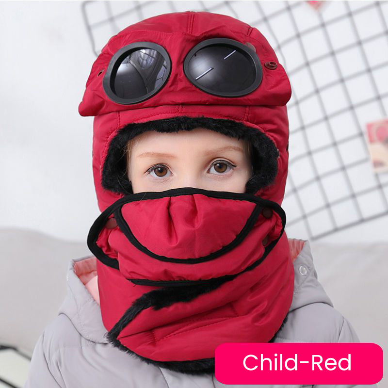 Winter Outdoor Warm Cotton And Velvet Parent-Child Hat+Mask+Goggles+Neck Sleeve 4 in 1