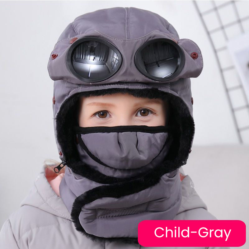 Winter Outdoor Warm Cotton And Velvet Parent-Child Hat+Mask+Goggles+Neck Sleeve 4 in 1