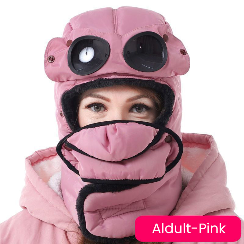 Winter Outdoor Warm Cotton And Velvet Parent-Child Hat+Mask+Goggles+Neck Sleeve 4 in 1