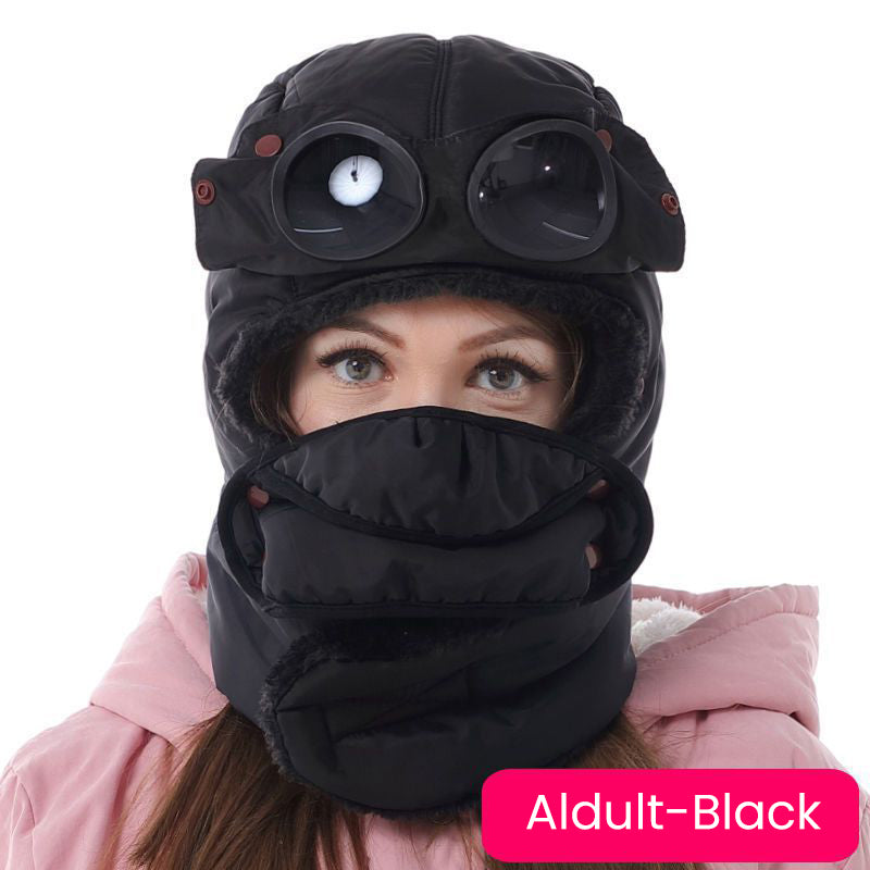 Winter Outdoor Warm Cotton And Velvet Parent-Child Hat+Mask+Goggles+Neck Sleeve 4 in 1