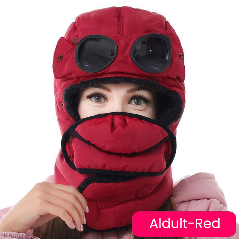 Winter Outdoor Warm Cotton And Velvet Parent-Child Hat+Mask+Goggles+Neck Sleeve 4 in 1