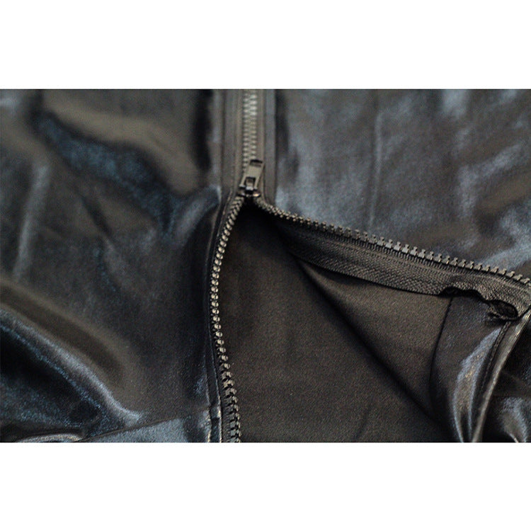 Net Yarn Stitching Patent Leather One-piece Sexy Underwear