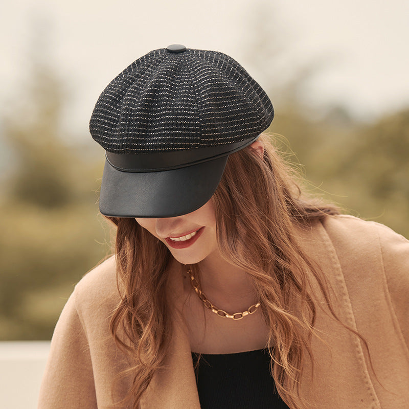 Striped Retro Plaid PU Stitching Cap