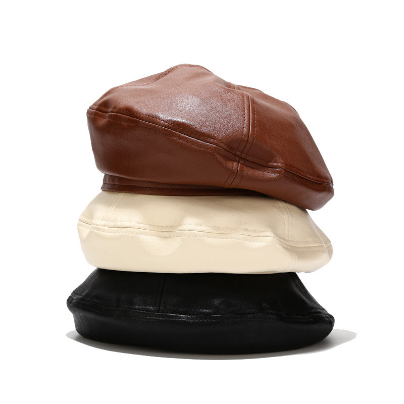 All-match Leather Beret In Solid Color