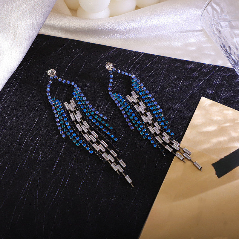 Colorful Rhinestone Tassel Drop Earrings