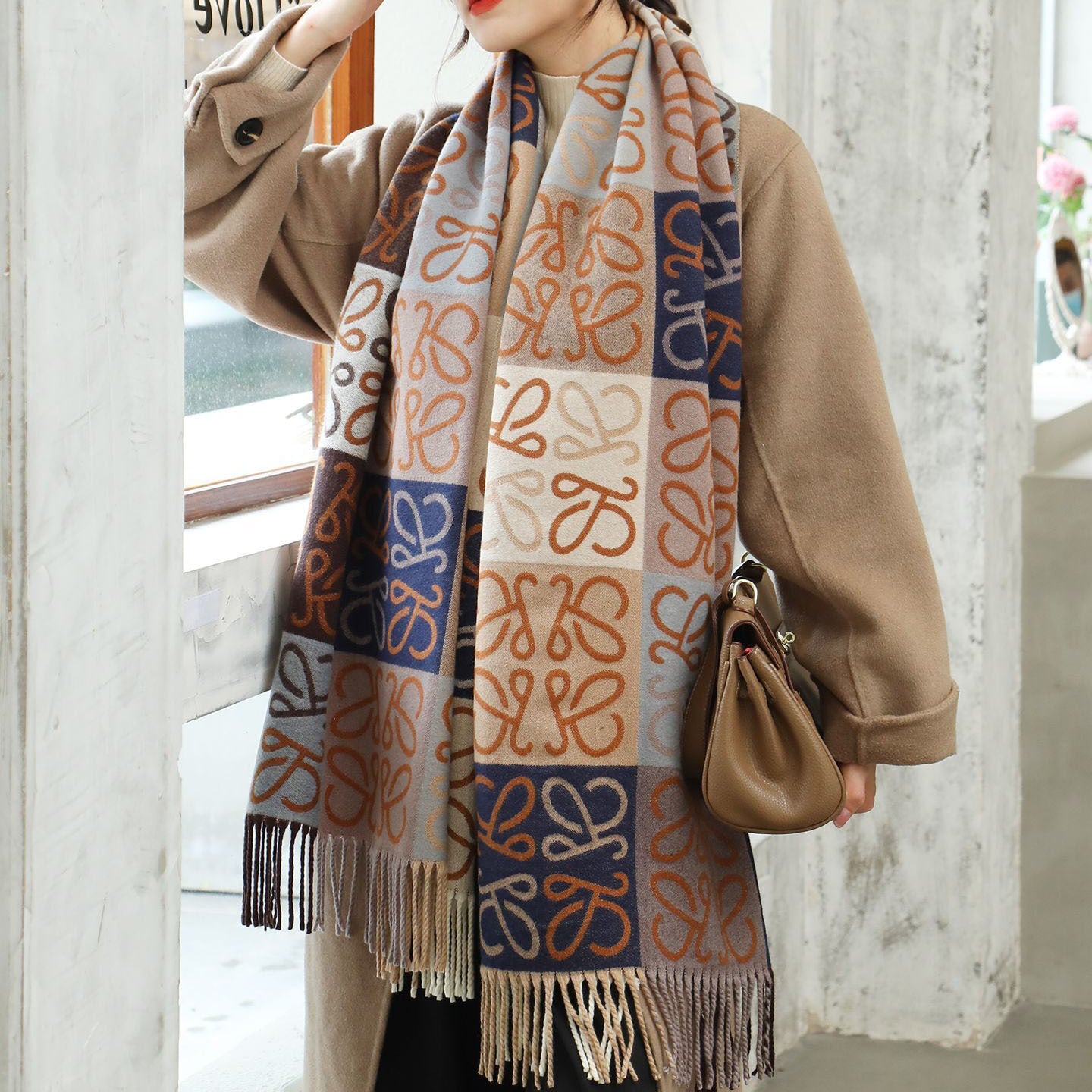 Women Check Color-block Tassel Warm Scarf