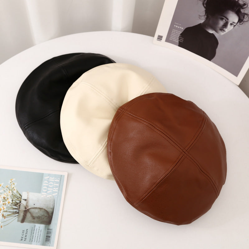 All-match Leather Beret In Solid Color