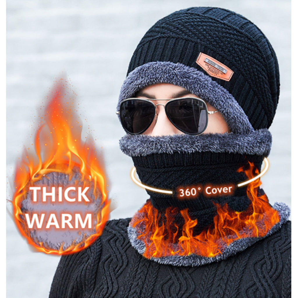 Men Winter Knitted Hat Two-Piece Suit With Scarf